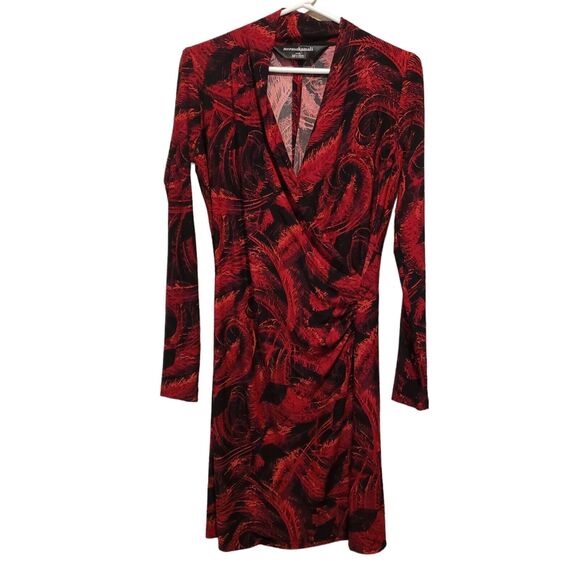 Norma Kamali Red Black Feather Print Size Small Faux Wrap Side Ruched Dress - Picture 6 of 9